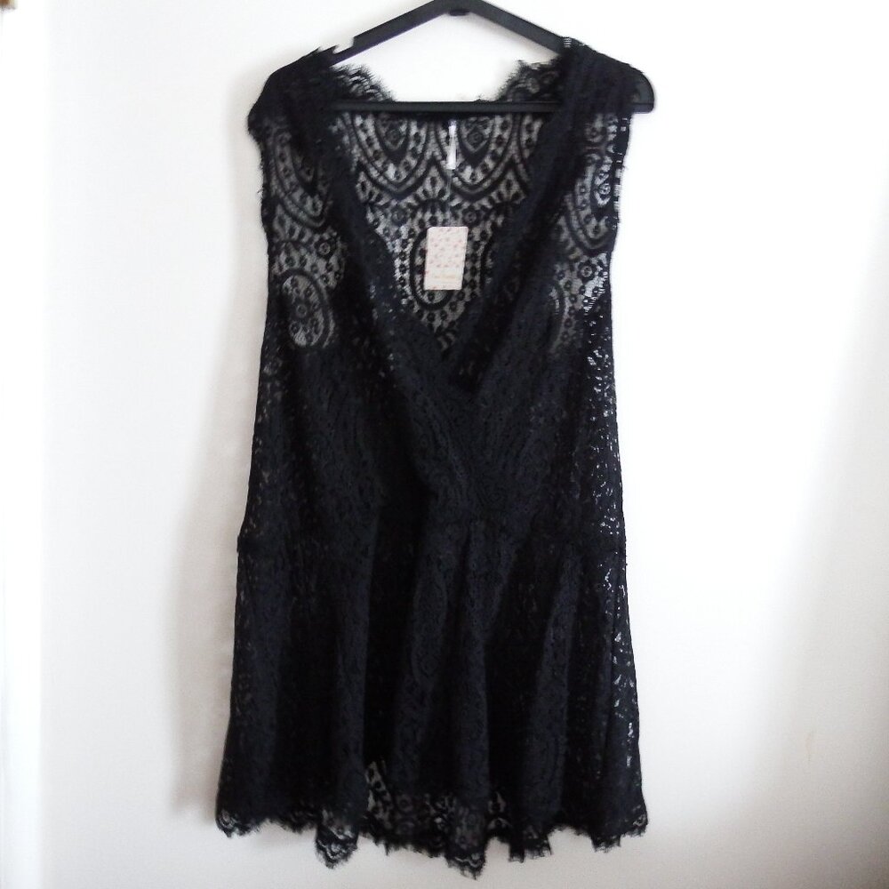 NWT Free People Black Boho Baby Doll Lace Dress Beach  L